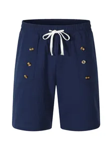 Front view of men's navy cotton linen shorts with drawstring and button details.