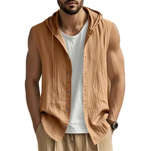 Close-up of men's casual sleeveless hooded linen shirt showing breathable texture and fit