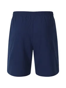 Back view of navy blue casual cotton linen shorts for men on a plain white background