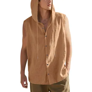 Casual men's sleeveless hooded linen shirt, breathable loose summer top in tan color