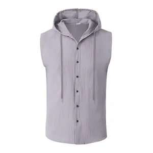 Camicia da uomo senza maniche in lino con cappuccio, stile casual e bottoni frontali