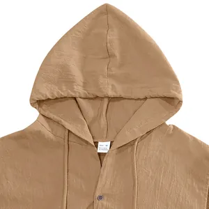 Close-up of khaki linen hooded sleeveless shirt showing texture and neck tag detail