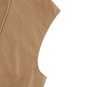 Macro detail view of stitching and linen fabric texture on sleeveless khaki men's summer shirt