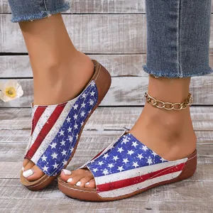 Women's American Flag Stars and Stripes Print Wedge Sandals Summer Platform Lightweight Casual Fashion Shoes Footwear