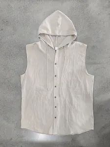 Detail shot of men's sleeveless linen hooded shirt with button-down front in beige.