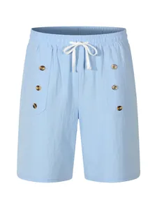 Front view of men's light blue cotton linen shorts with drawstring and buttons