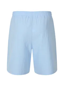 Back view of light blue men's cotton linen casual shorts with elastic waist