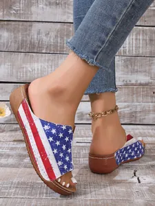 Stylish wedge sandals for women featuring American flag pattern stars and stripes design