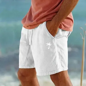 Pantaloncini da spiaggia leggeri in cotone lino blu con stampa palma e coulisse