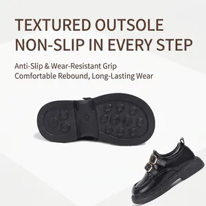 British style black loafers for girls featuring non-slip textured soles and buckle detail