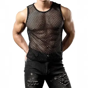 Close-up detail of men's sexy black mesh tank top featuring breathable hollow-out fishnet design