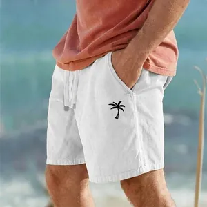 Pantaloncini mare in cotone e lino bianco con stampa palma nera e vita con coulisse