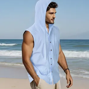 Vista laterale della camicia estiva in lino senza maniche con cappuccio