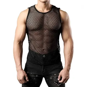 Detail of black mesh see-through sleeveless tank top worn by a muscular male model