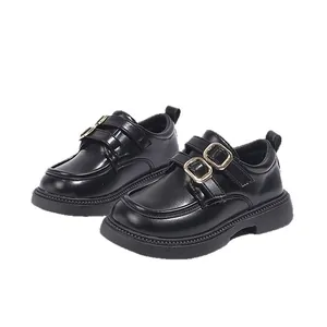 Elegant girls' black British style loafers with double gold buckles and thick soles