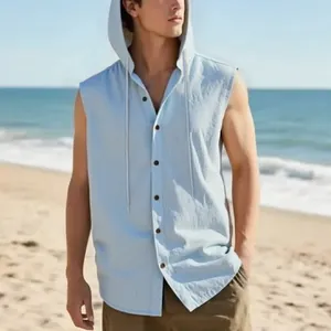 Camicia in lino senza maniche con cappuccio da uomo azzurro, stile estivo casual