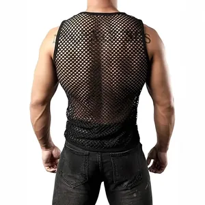 Detailed back view of a men's sexy black mesh see-through sleeveless tank top
