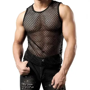 Detail shot showing the breathable black mesh fishnet texture of this men's sleeveless vest