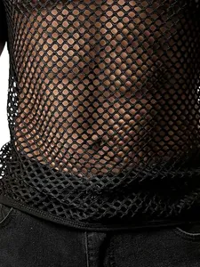 Close-up view of the black breathable fishnet mesh fabric on this men's sexy see-through tank top