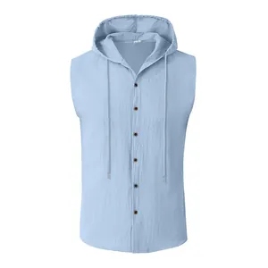 Camicia da uomo smanicata con cappuccio realizzata in lino azzurro traspirante