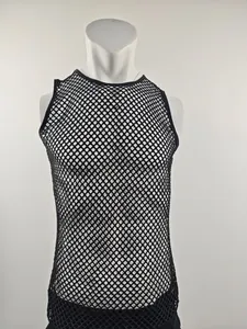 Detail of men's sexy black mesh tank top showing breathable see-through fabric