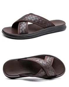 Brown woven cross strap men's summer slides with comfortable non-slip soles for beach wear