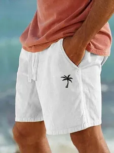 Pantaloncini casual da uomo in cotone e lino bianchi con stampa di palma nera piccola