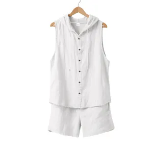 Men's summer white linen set featuring a sleeveless hooded shirt and casual shorts