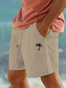 Pantaloncini da mare uomo in cotone lino kaki con stampa palma e coulisse girovita