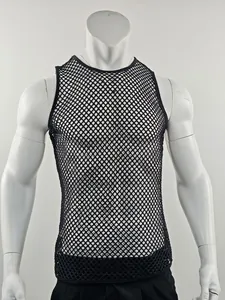 A high-quality detail view of a men's black fishnet tank top with breathable mesh.