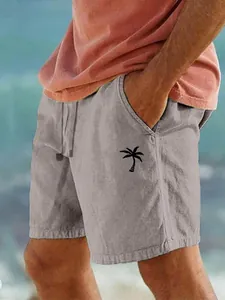 Pantaloncini uomo in cotone lino con stampa palma e coulisse per spiaggia e relax.