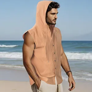 Camicia con cappuccio senza maniche da uomo in lino color albicocca per abbigliamento mare