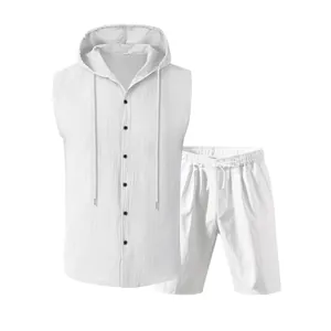 Detail of men's white linen hooded sleeveless shirt and shorts 2-piece set.