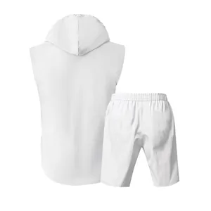 Detailed back view of men's white breathable linen sleeveless hooded shirt and shorts set