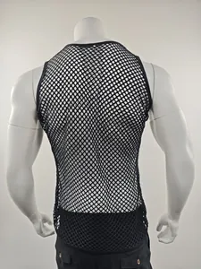 Detailed back view of men's black fishnet see-through mesh sleeveless tank top vest