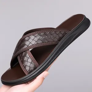 Men's premium summer woven brown slide sandals with breathable anti-slip sole for beach use