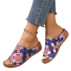 Womens stylish wedge sandals featuring a patriotic American flag braided strap design