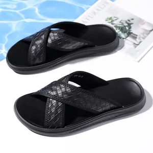 Men's stylish black woven cross-strap sandals with thick breathable soles for summer