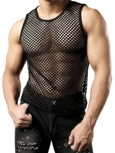 Men Mesh Tank Top Hollow Out Breathable Sexy See Through Sleeveless Top For Fitness Personal Fashion Summer Casual Wear