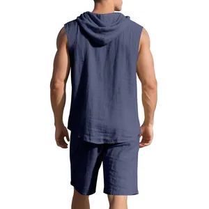 Back view of men's casual denim blue sleeveless hooded shirt and shorts linen gauze set