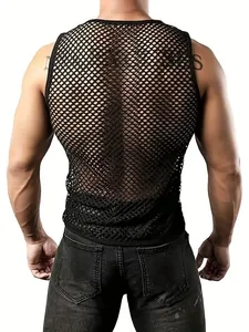 Men's sexy black mesh see-through sleeveless tank top with a breathable fishnet design