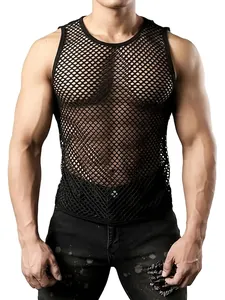 Sexy men's black mesh see-through tank top featuring a breathable hollow sleeveless design