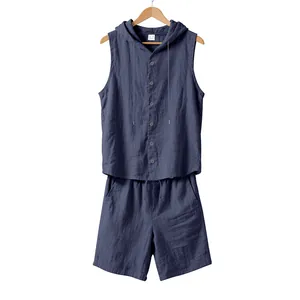 Front view of navy blue linen sleeveless hooded shirt and shorts men's summer set