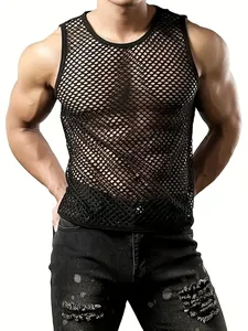 Sexy men's black mesh tank top featuring breathable hollow-out design for summer