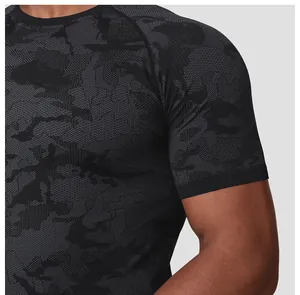 Detailed close-up of seamless jacquard camouflage athletic shirt showing technical fabric
