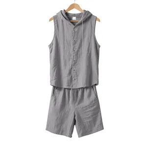 Full view of grey men's summer linen set with hooded sleeveless shirt and shorts