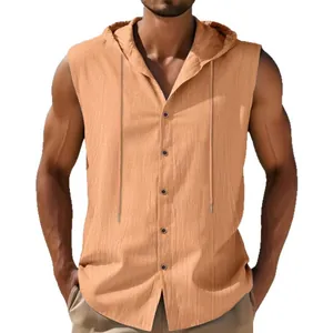 Camicia di lino senza maniche con cappuccio uomo, stile casual estivo color albicocca