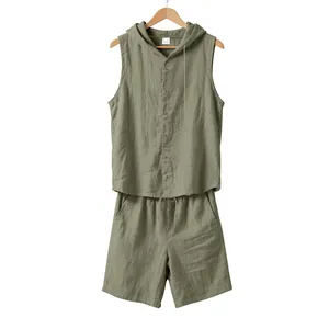 Detailed macro view of the sage green linen sleeveless hooded shirt and shorts set