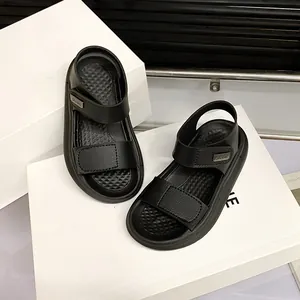 Sandales de Sport Enfants Noir Cuir PU Velcro Chaussures de Plage Antidérapant Décontracté Étudiant pour Garçons Filles