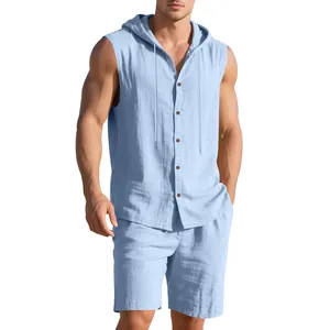 Full view of men's sleeveless hooded linen shirt and shorts set in light blue on model